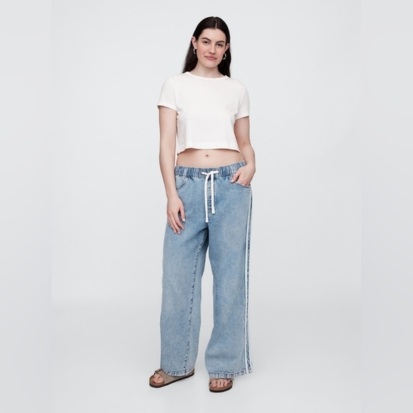 Gap High Rise Pull-On Stripe Wide-Leg Jeans Medium Wash Stripe - Picture 4 of 6